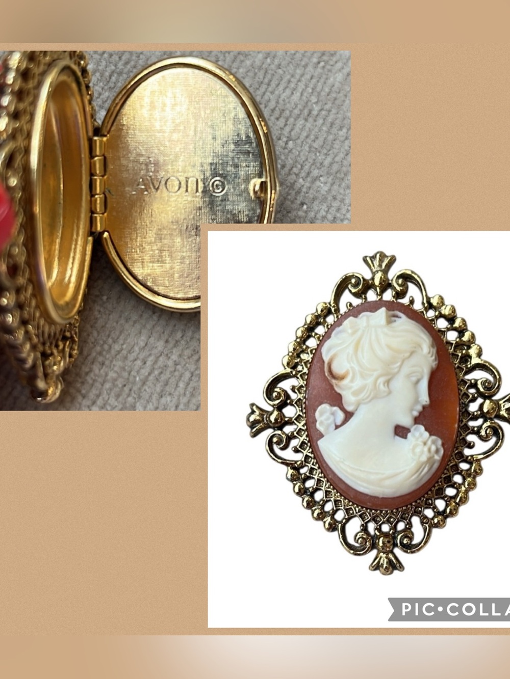 Avon Vintage Gold and Cream Cameo Locket Brooch with Vintage Sentiment Box